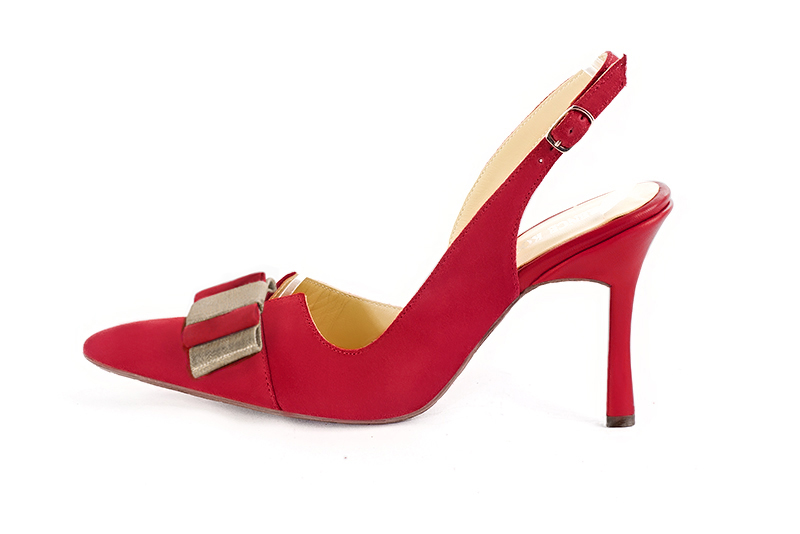 Cardinal red and gold women's open back shoes, with a knot. Tapered toe. Very high spool heels. Profile view - Florence KOOIJMAN